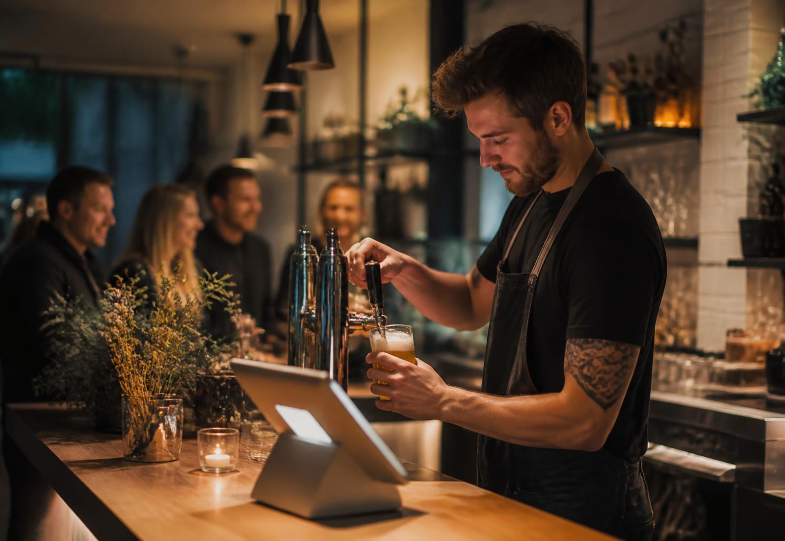 Bartender som slår upp öl vid en bardisk med en kassaterminal på disken